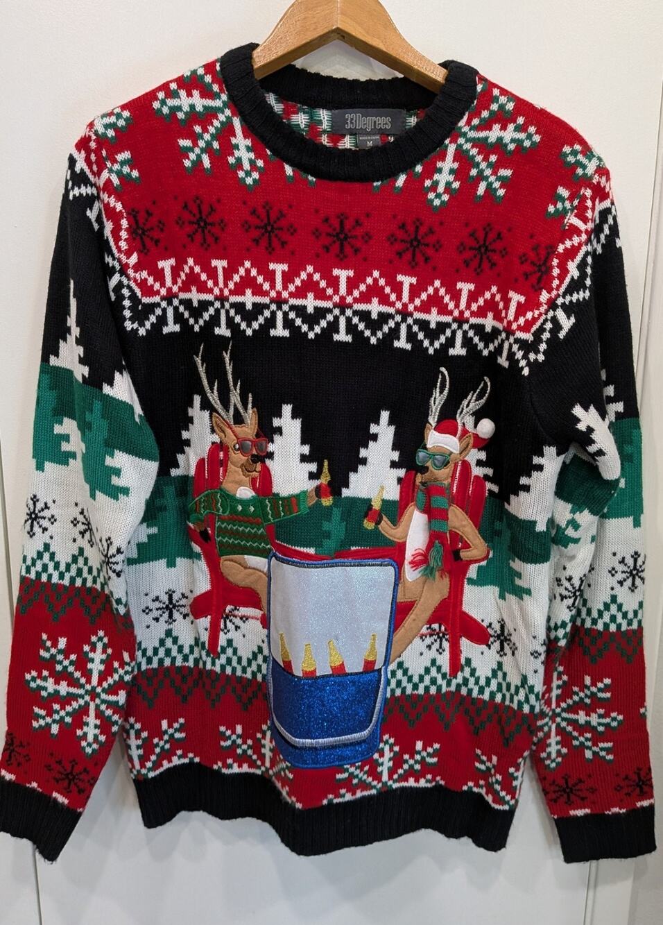 Christmas Sweater Beer Pocket Reindeer Holiday Party Knit Pullover Medium